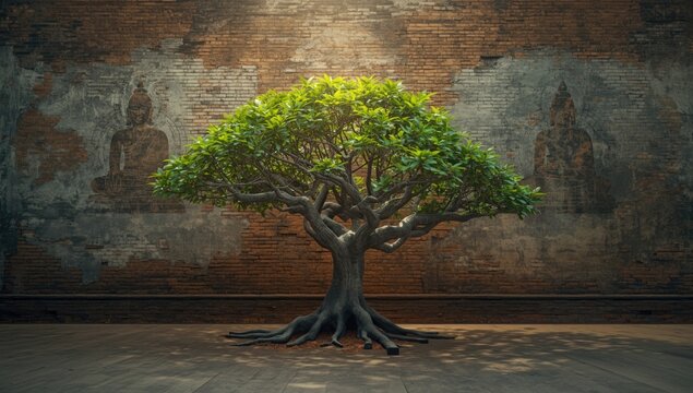 Bodhi plant with soft focus on old brick wall serving as a background for natural resilience