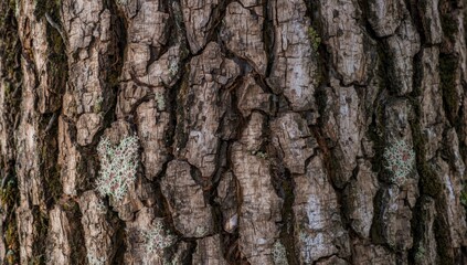 Fototapeta premium Horizontal shot of aged oak bark highlighting relief textures, suitable for nature-themed layouts