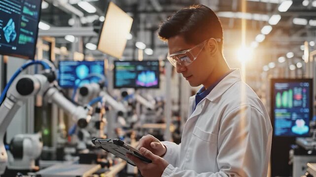 A man in a lab coat observes robotic machinery while holding a tablet. The man focuses on the machines and data displayed, highlighting a technological workspace.