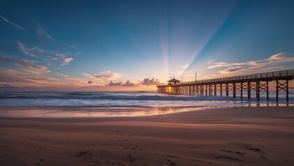 Sunrise view of the cloud 9 pier, highlighting its role as a hub for global surfers, with a focus on natural lighting and wave patterns