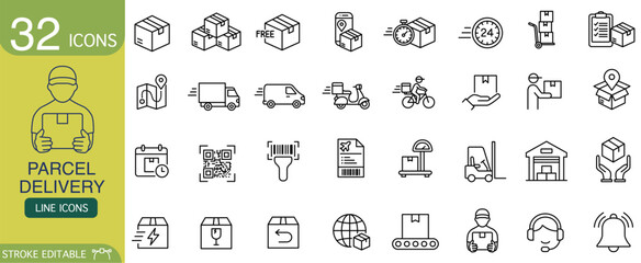 Parcel delivery icon set shows shipping and logistic elements. Efficient courier and transportation symbols like box and truck for reliable service applications