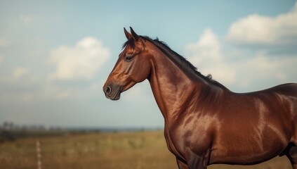 Obraz premium Thoroughbred horse portrait, focusing on athletic build and stance for training assessment