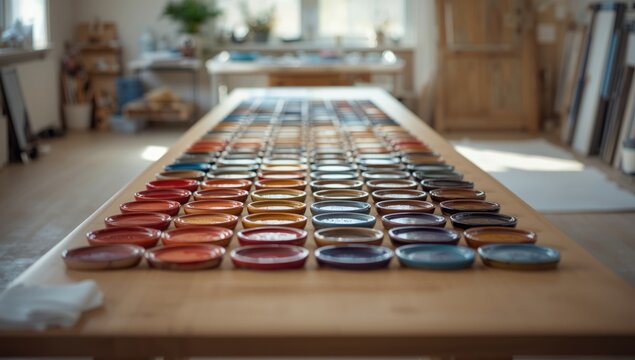 Assorted ceramic glaze samples laid out on a table, relevant for pottery manufacturing processes