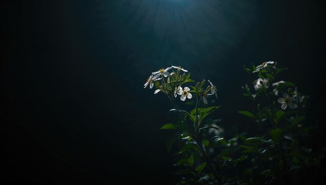 Dark background highlights Sambucus flower at dawn, focusing on floral textures and morning light