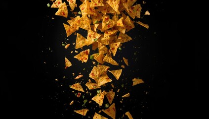 Scatter of corn chips from hot nachos, highlighting snack texture and crispness