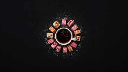 Naklejka premium Oriental sweets with nuts and black tea served on a black background, top view, World Food Day