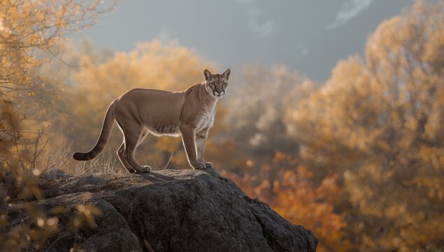 Male cougar positioned on a rocky ledge ready to move, highlighting wildlife observation