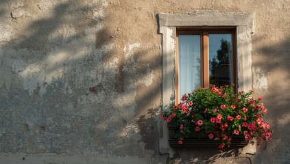 Decorative flowers positioned by window-mounted wall planters, used for aesthetic arrangement analysis