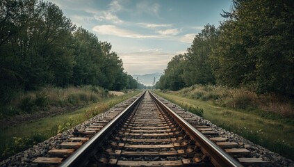 Fototapeta premium Vintage railway lines set against a scenic nature background with sky and forest elements, highlighting transportation history