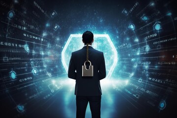 Businessman protecting digital information, ensuring cybersecurity and data privacy in a network environment