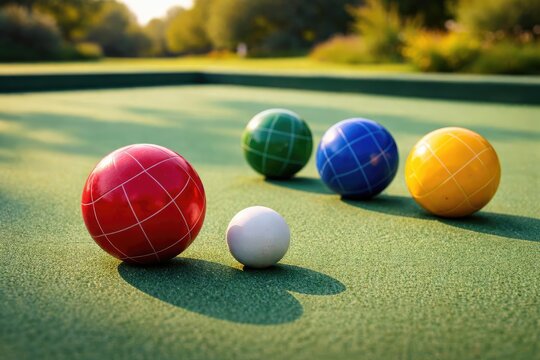 Lively bocce balls positioned on a smooth green court featuring intense colors and a softly blurred outdoor backdrop