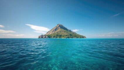 A lone island featuring green plant cover on steep rocky terrain in a vast blue sea with a bright sky, highlighting natural landscape preservation