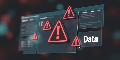 Data security threat digital interface displaying multiple warning signs indicating risk