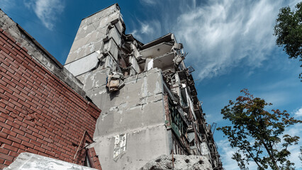 ruined street and destroyed houses the city Kiev war in Ukraine