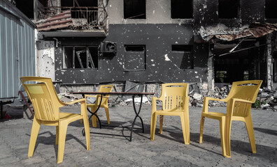 ruined street and destroyed houses the city Kiev war in Ukraine