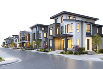 Modern residential neighborhood with contemporary two story houses featuring large windows and landscaped yards, creating peaceful and inviting suburban street scene