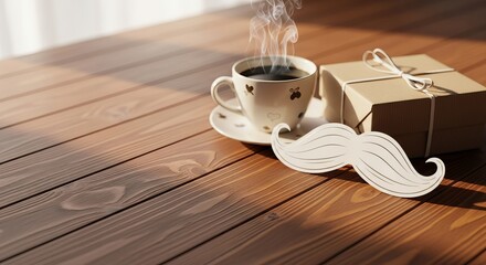 Fathers Day coffee and gift on wood table