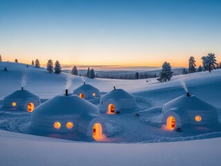 Igloo village sunset winter landscape
