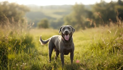 Content gray dog resting outdoors, highlighting stress relief for animal health observance