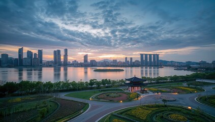Nighttime view of Seouls Songdo district with illuminated skyscrapers and busy streets, focusing on urban development, World Urbanism Day