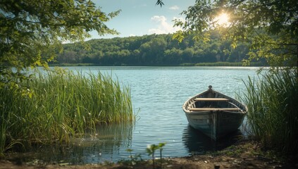 Obraz premium Rustic boat nestled among reeds near a freshwater body, illustrating ecological habitat
