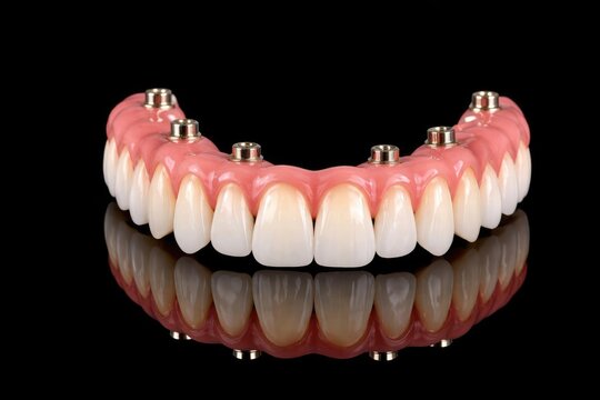 Full arch dental prostheses fixed on implants shown on black background including copy space