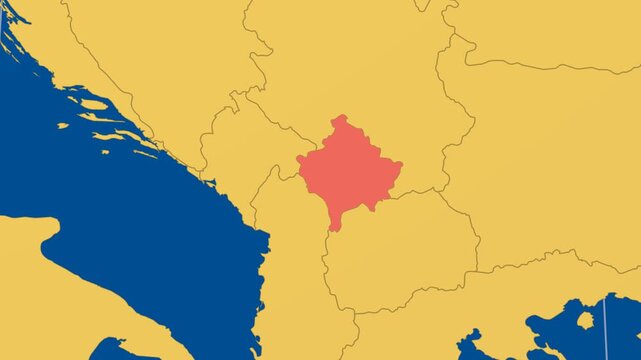 Kosovo on Globe. Animated zoom into the country in Ocean Blue Golden Yellow color palette. Kosovo logo animation. Map with meridians, parallels. Charming video.