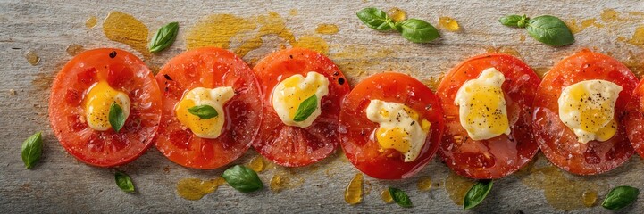 Sliced tomatoes with olive oil and mozzarella cheese, highlighting simple Mediterranean-inspired snack
