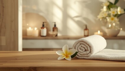 Modern spa scene featuring a rolled towel and plumeria flower to promote calming and stress relief, highlighting wellness focus