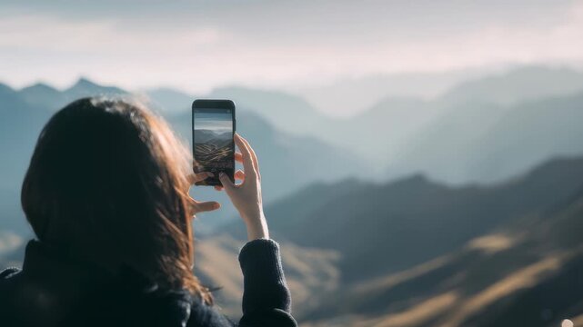 A person photographs stunning mountain peaks using a mobile phone, blending travel inspiration with digital lifestyle. The image emphasizes exploration, freedom, and scenic outdoor experiences