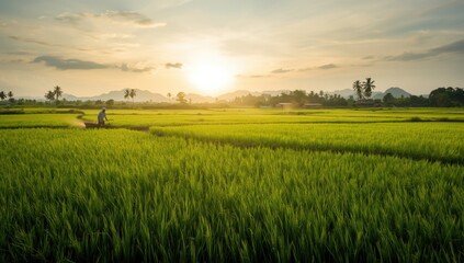 Obraz premium Rural Thailand rice paddies with active farmers during planting, highlighting traditional farming practices