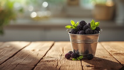 Blackberries in a small container on aged wood surface, highlighting natural fruit options for summer, Earth Day
