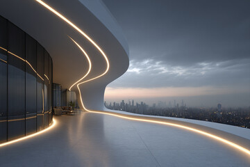Naklejka premium Modern curved balcony with glowing line lighting overlooking city skyline at dusk, featuring smooth concrete floor and glass wall reflecting warm ambient light, creating serene atmosphere