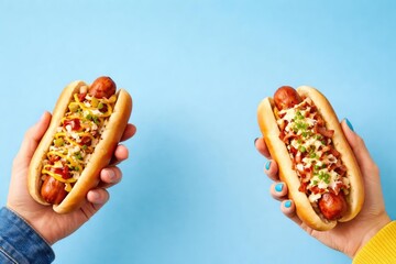 Partial view cropped of two people holding delicious hot dogs with blue copy space