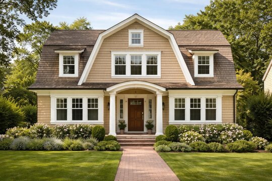 Single home neighborhood gable attic with Dutch roof, tan shake siding, and white double hung windows