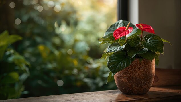 Red anthurium laceleaf flower in pot, highlighting ornamental houseplant for interior design