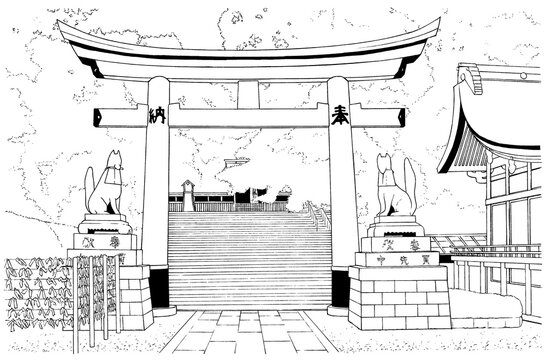 漫画風ペン画イラスト　神社_外観