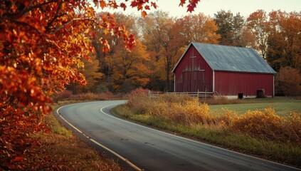 Scenic rural landscape with foliage and a traditional barn on a country road, highlighting seasonal transition