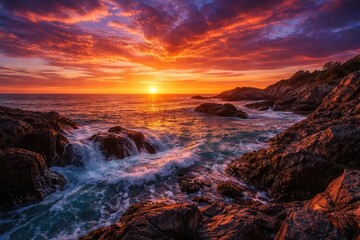 Evening ocean scene with colorful sunset and rugged shore
