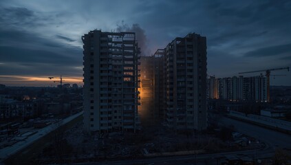 Naklejka premium Collapsed residential structure during evening hours, highlighting urban deterioration