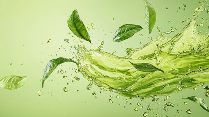 Obraz premium Fresh Matcha Green Tea Splash Background with Floating Leaves and Copy Space