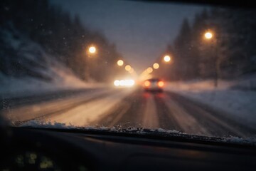 Obraz premium Blurred winter road scene at night observed from moving vehicle interior