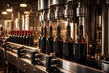 Automated assembly line filling wine bottles in a winery facility