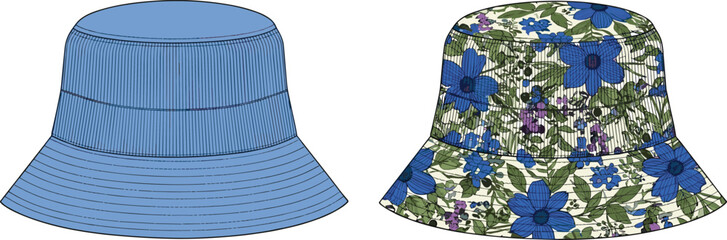 Bucket hat collection illustration, blue denim hat and floral patterned summer cap, casual fashion accessory, trendy headwear vector design set