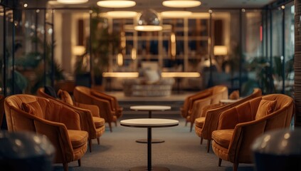 Out-of-focus view of a stylish coworking area featuring velvet seating, emphasizing comfort and creative work environment