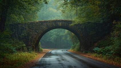 A route beneath a stone bridge lined with thick foliage during rain, highlighting erosion and landscape features