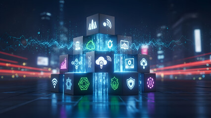 Futuristic Digital Cubes with Icons in Neon Lights