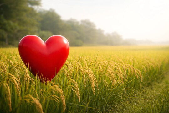 Red Heart Standing in Green Rice Field with Copy Space for Valentine Background