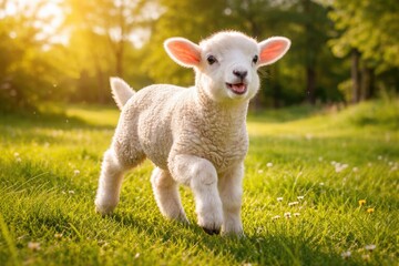 Fototapeta premium Pet lamb merrily exploring a fresh green grass lawn full length summer afternoon