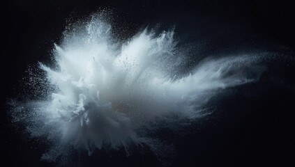 Frozen white powder in suspension against a dark background serves as a visual for layout or background purposes, with focus on contrast